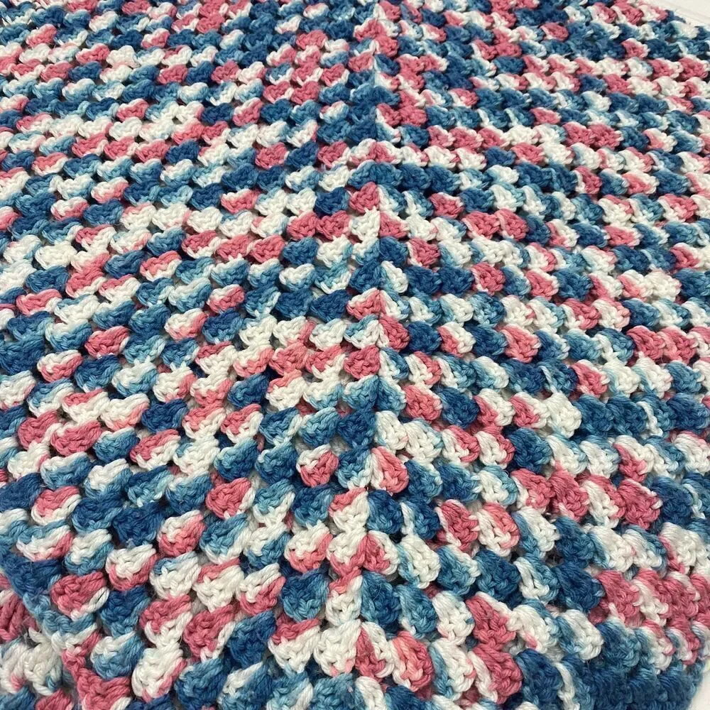 Pre-loved Handmade Crochet Afghan Throw Blanket Pink Blue White 63